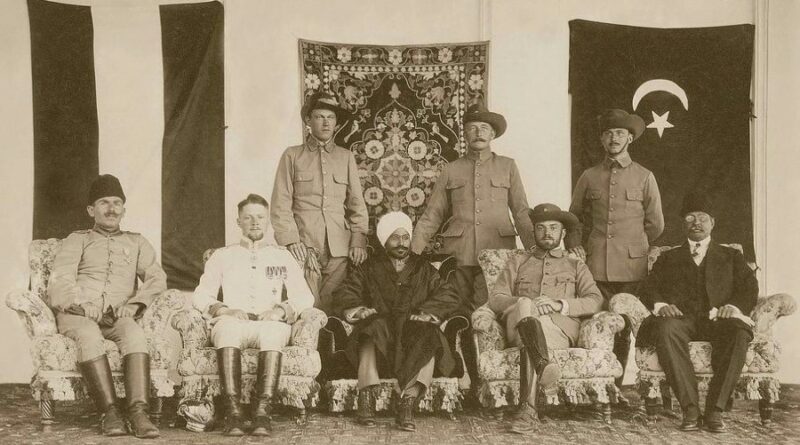 From left to right the photograph shows- Kâzım Orbay, Werner von Hentig, Walter Röhr, Mahendra Pratap, Kurt Wagner, Oskar Niedermayer, Günther Voigt and Maulavi Barkatullah. Photo © Stiftung Bibliotheca Afghanica