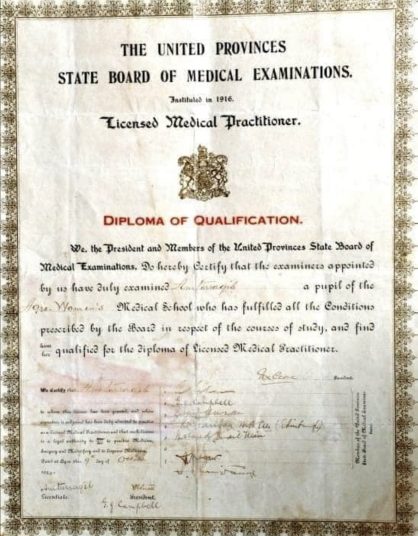 The degree awarded to Dr. Amturraqeeb by Agra Women Medical College, India in 1920<br />Photo: Family Yaqoob by Shehla Najam Siddiqi