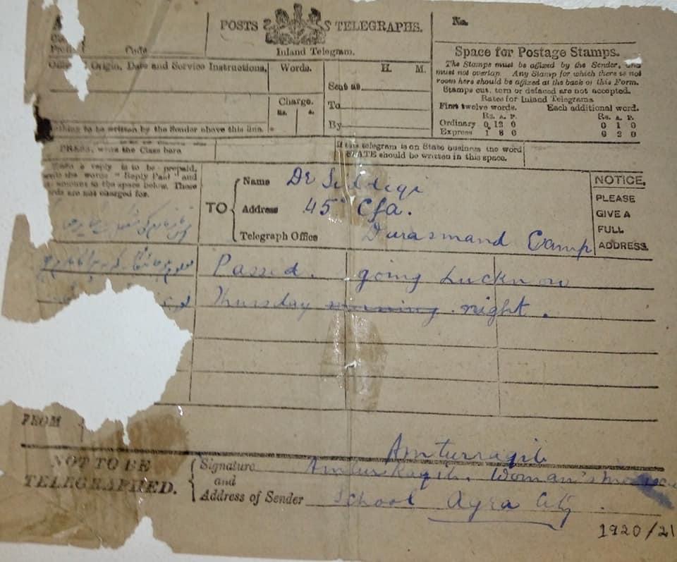 "Passed. Going Lucknow Thursday night". Telegram content. <yoastmark class=