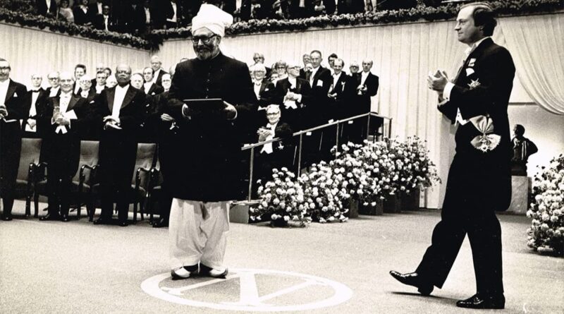 Dr. Abdus Salam receiving Nobel Prize in Physics, first Muslim scientific laureate associated with Aligarh Muslim University